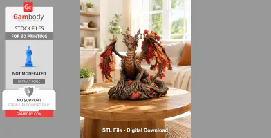 A dragon with autumn leaf wings on a wooden table, detailed for 3D printing.