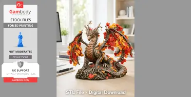 A detailed dragon adorned with autumn leaves, perched on a base, designed for 3D printing.