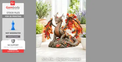A dragon figure with tree-like texture and autumn leaves, ready for 3D printing.