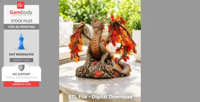A detailed dragon with autumn leaves and wood-like texture sits majestically on a surface.