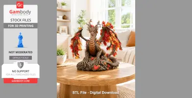 A detailed dragon model with autumn leaves as wings, sitting on a wooden table in a sunlit room.