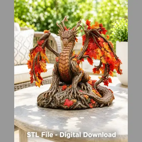 A detailed dragon model with autumn leaves on wings, sitting on a textured base.