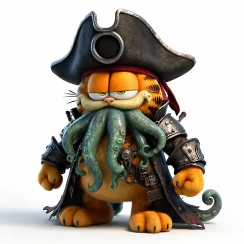 Pirate Garfield with Davy Jones-style tentacles and pirate attire, blending iconic features of both characters.