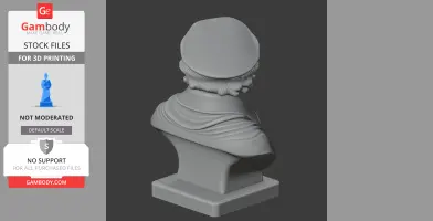 3D model of a historical bust, showing the back of a figure with a cap and draped clothing.