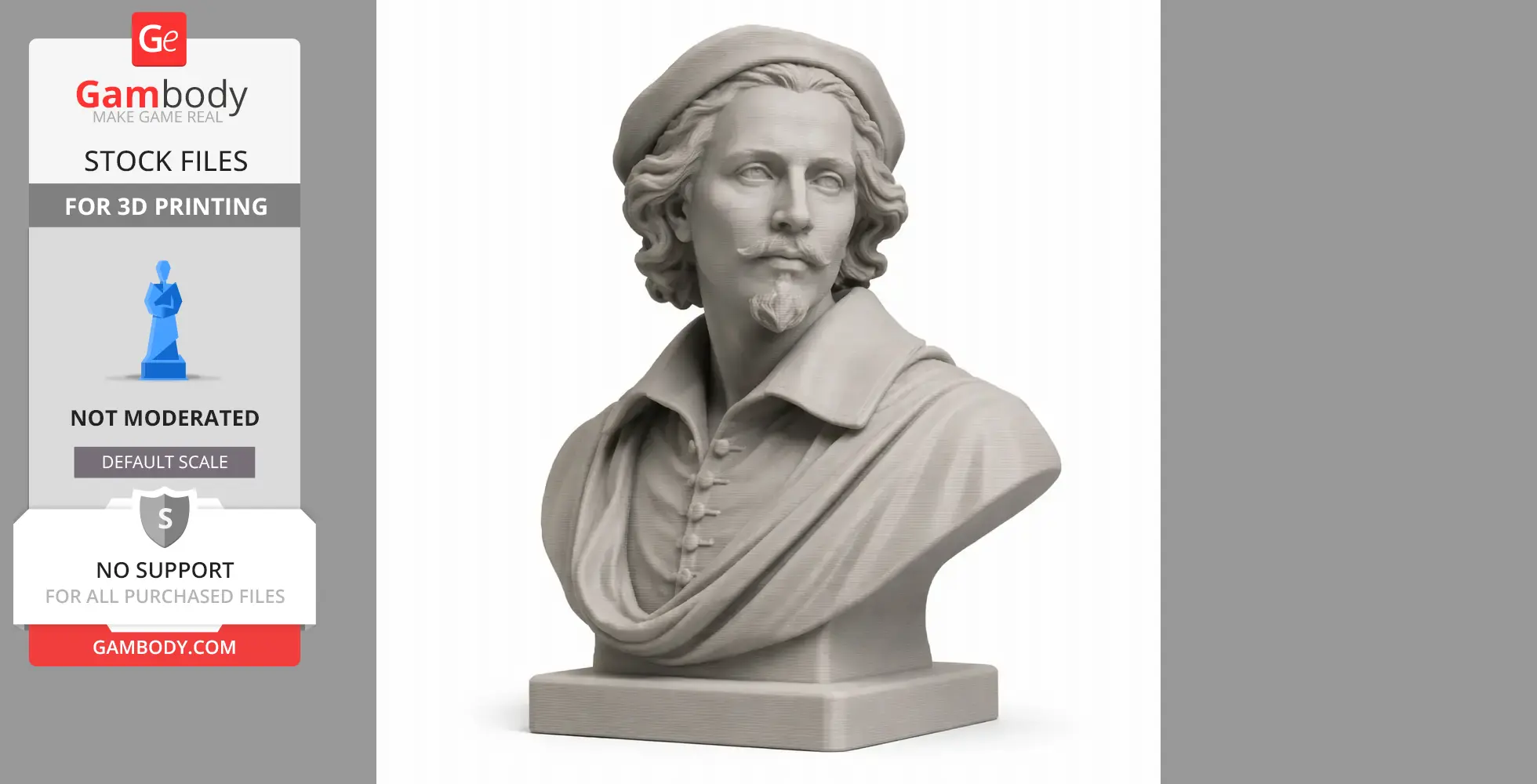 A 3D printed bust of a historical warrior, detailed with a beard and cap, wearing a collared garment.