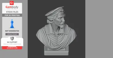 A detailed 3D bust of a historical warrior with a beret and ornate collar, designed for 3D printing.
