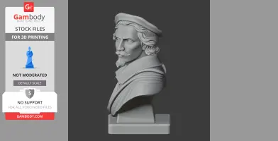 3D printed bust of a historical warrior wearing a cap and coat, profile view on a stand.