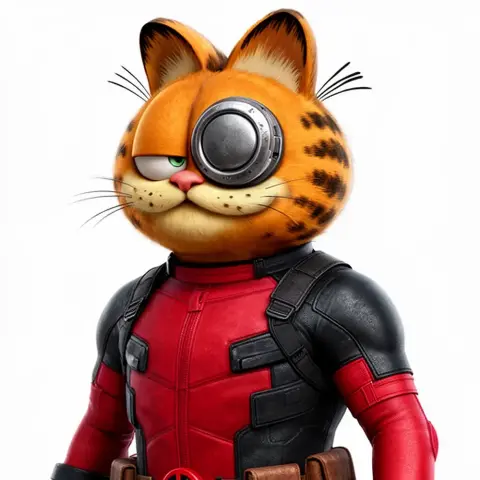 Cartoon cat in red and black suit with eyepatch, blending characteristics of two comic characters.