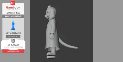 3D model of a bipedal creature with a tail, wearing a long coat, viewed from the side.