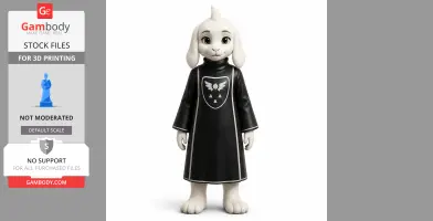 A cute, goat-like character in a black robe with a crest, standing upright.