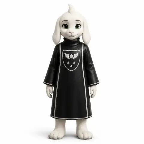 Anthropomorphic goat character in a black robe with white symbols, inspired by 'Undertale.'