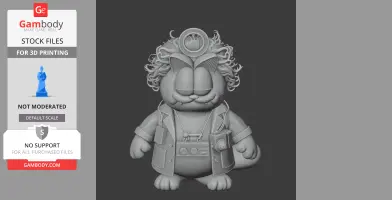 A 3D model of Garfield in Doc Brown attire, featuring curly hair, lab coat, and gadgets.