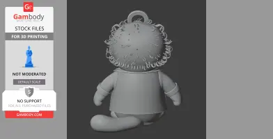 A 3D model of a cartoon cat with frizzy hair, wearing a coat, viewed from the back with a loop on its head.