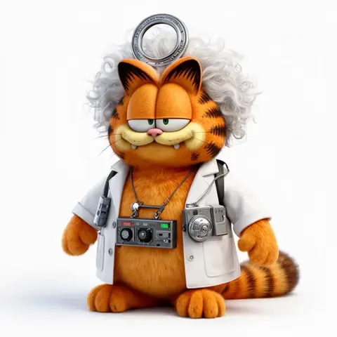 Garfield dressed as Doc Brown with wild hair, a white lab coat, and gadgets, holding a ring above his head.