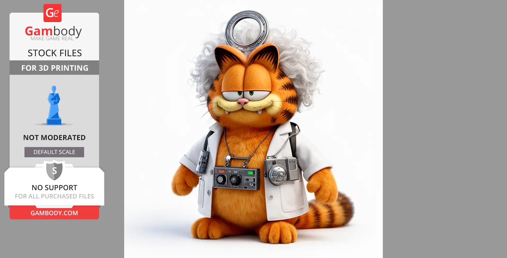 A mashup figure of Garfield as a scientist in a lab coat, with gadgets and wild hair, ready for 3D printing.