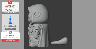 A 3D printed mashup model of a cartoon cat dressed as a hooded armored character with a cape and tail.