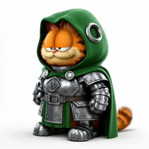 Garfield in Doctor Doom armor, wearing a green hood and metallic suit, standing confidently.