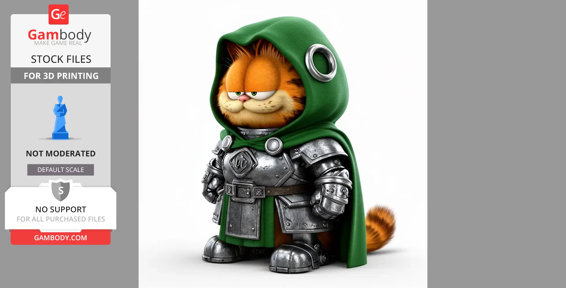 A 3D model of a cartoon cat dressed in silver armor with a green hood, combining two characters.