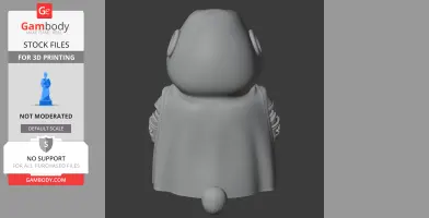 A 3D model of a character mashup, featuring a rounded figure with a cape and prominent ears.