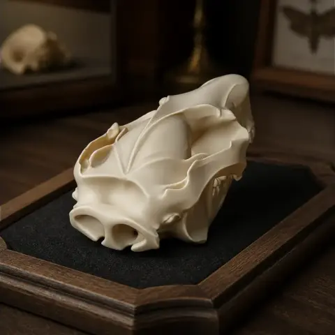 Detailed 3D printed common brushtail possum skull replica on a wooden display stand.