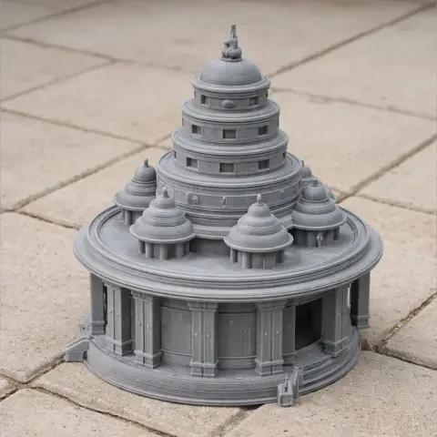 A detailed, gray 3D-printed model of a tiered, cylindrical building with domed roofs.