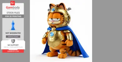 A 3D model of Garfield dressed as Doctor Fate, wearing gold armor and a blue cape.