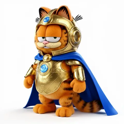 Garfield in a detailed Doctor Fate costume with a blue cape and mystical armor.