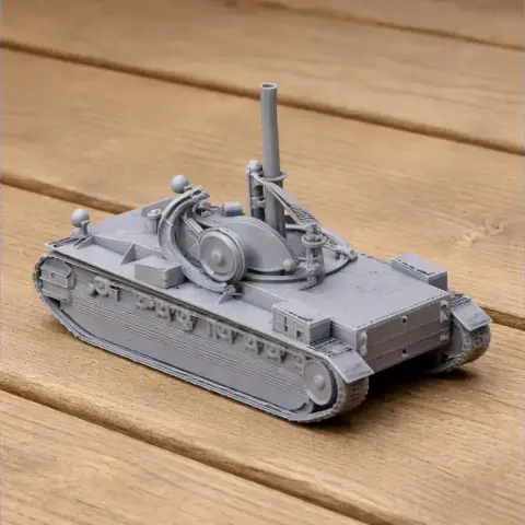 Gray 3D-printed model of a Birch gun tank with tracks and turret, displayed on a wooden surface.