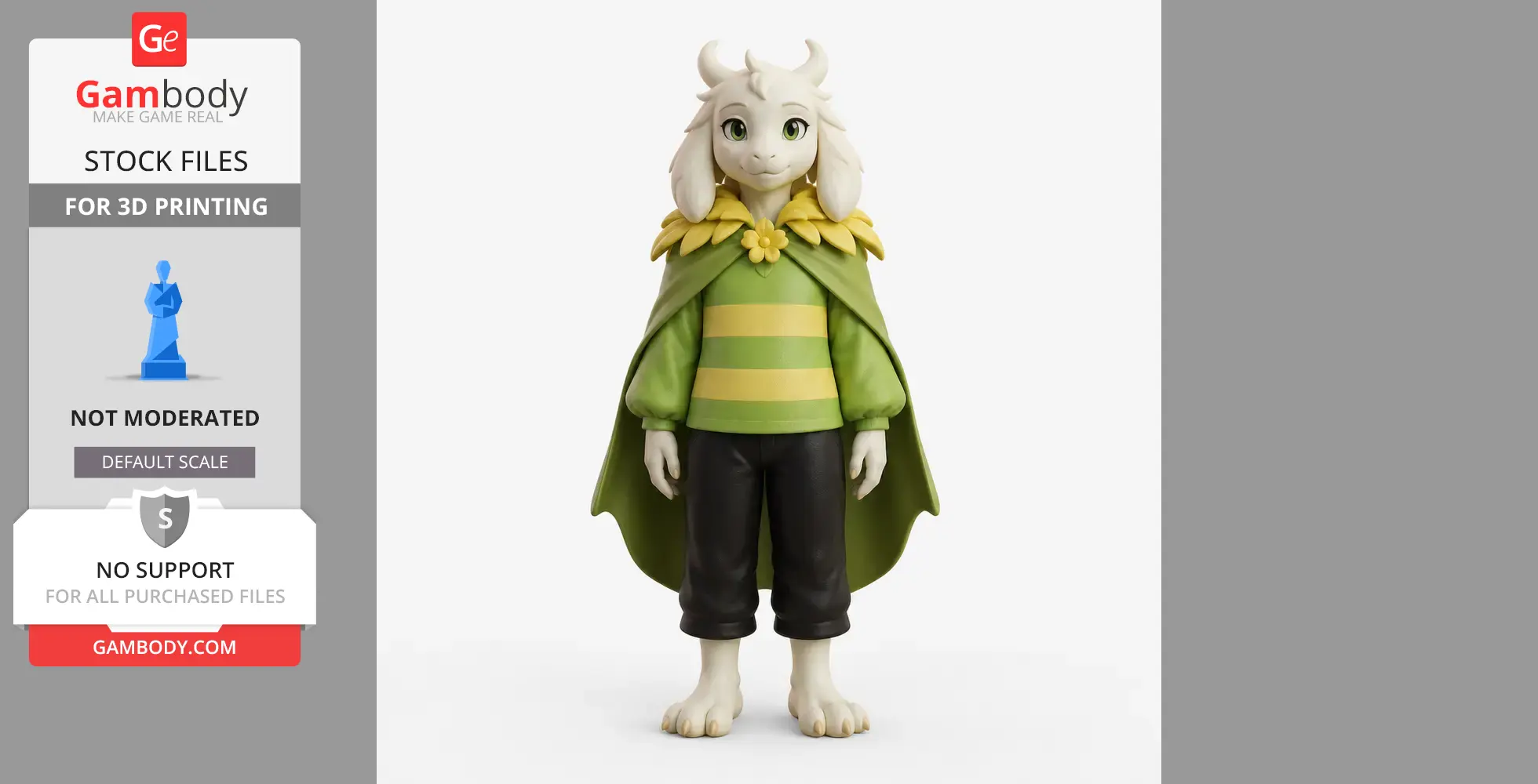 A 3D model of a cartoon goat-like character in a green and yellow-striped outfit with a cape.