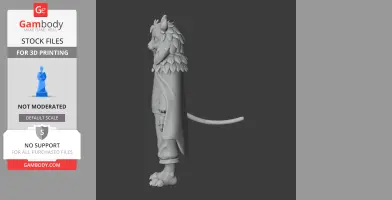Anthropomorphic goat-like figure in robe, adorned with petal-like features and tail, side view.