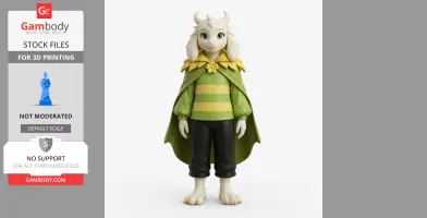 A 3D model of a cartoon goat-like character in a green and yellow-striped outfit with a cape.