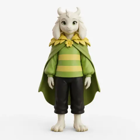 Anthropomorphic goat character in green outfit with cape and flower, from a video game.