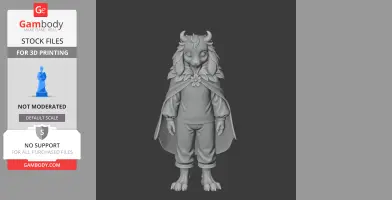 A 3D model of a goat-like character in a flowing robe with a flower emblem on the chest.