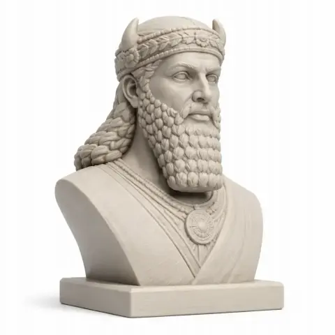 Bust of a bearded warrior with a horned helmet, detailed robes, and braided hair.