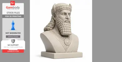 Detailed stone bust of ancient warrior Gilgamesh, wearing a horned headpiece and intricate attire.