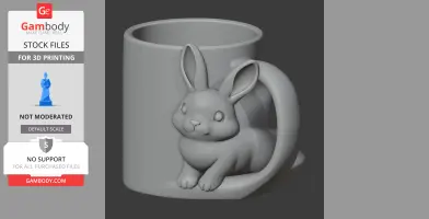 3D model of a mug with a rabbit design as the handle, intended for 3D printing.