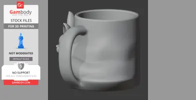 A grey 3D-printed mug with a rabbit-shaped handle and ear details on the side.