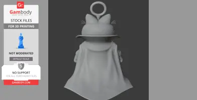 A 3D model of a cat-like figure in a cloak, with a circular detail above its head.