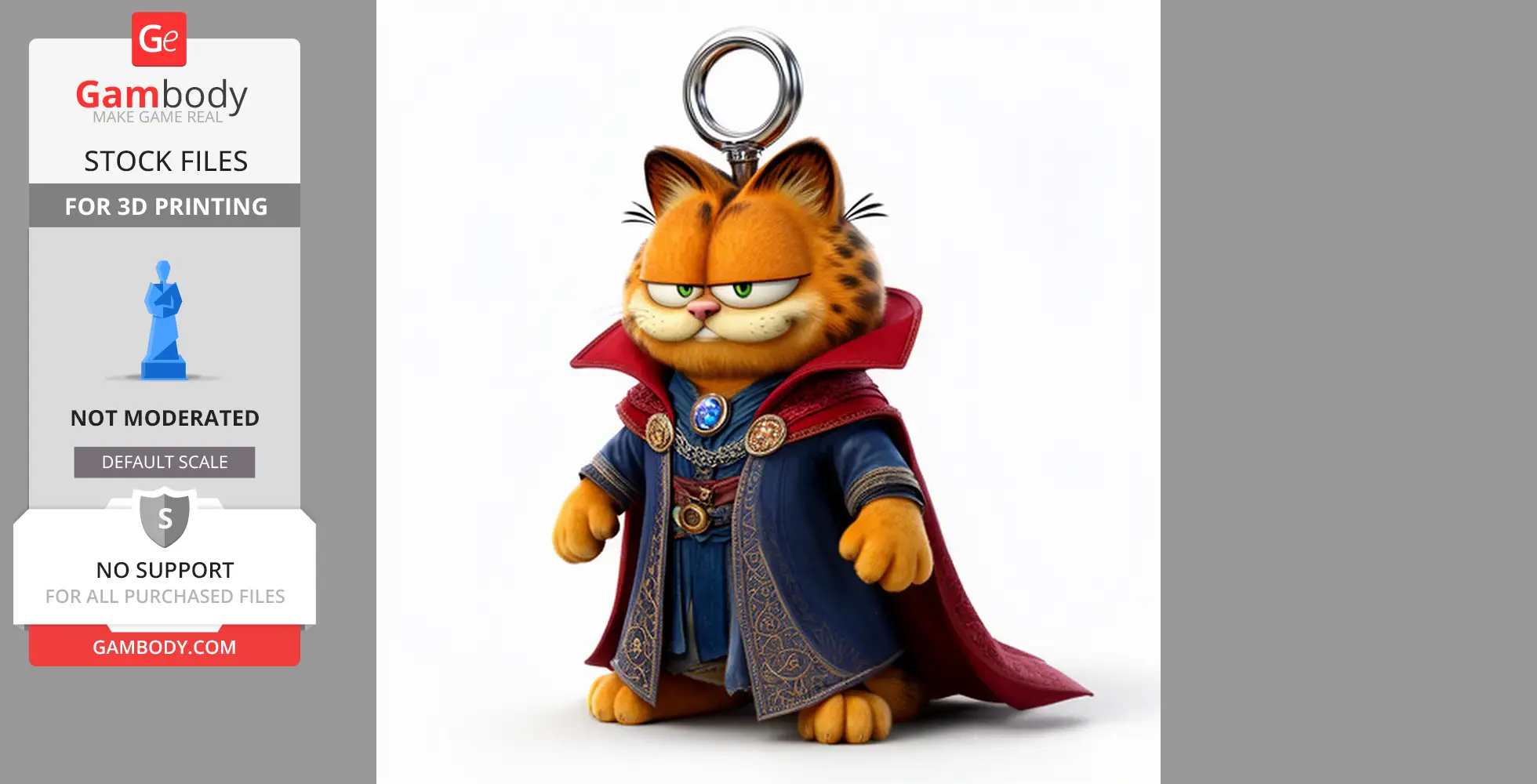 A 3D-printed Garfield in Doctor Strange attire, complete with a cape and mystical accessories.