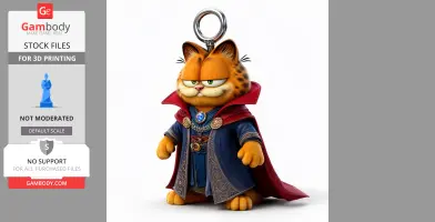 A 3D-printed Garfield in Doctor Strange attire, complete with a cape and mystical accessories.