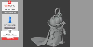 Mashup figure of a cat in a cape with a ring above its head, resembling a sorcerer character.