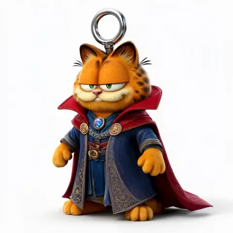 Garfield as Doctor Strange in a detailed robe, with a keyring on his head, ready for 3D printing.