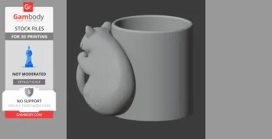 3D model of a raccoon hugging a mug, designed as a wall hook for 3D printing.