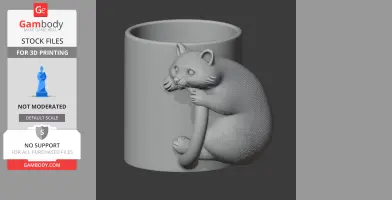 A 3D model of a mug with a raccoon clinging to its side, designed for 3D printing.