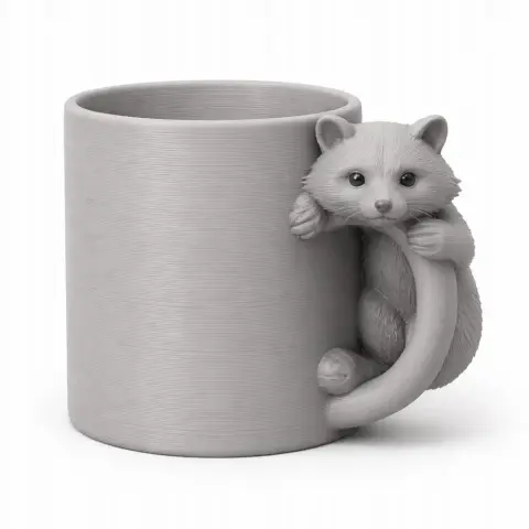 Raccoon-shaped mug design with animal features as a decorative wall hook for 3D printing.