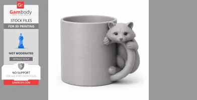 A raccoon-shaped wall hook clings to a cylindrical mug, designed for 3D printing.