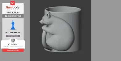 A 3D model of a raccoon clinging to a mug, intended as a wall hook for 3D printing.