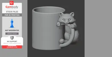 A 3D model of a raccoon holding onto the handle of a mug, designed for 3D printing.