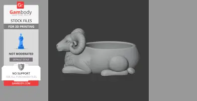 A 3D model of a ram-shaped bowl with detailed horns, designed for 3D printing as a wall hook.