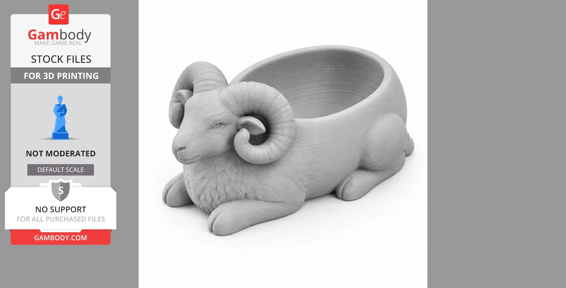 3D model of a ram-shaped bowl with curled horns, designed for 3D printing.